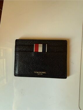 Thom Browne Black Pebbled Leather Card Holder with Tricolor Web